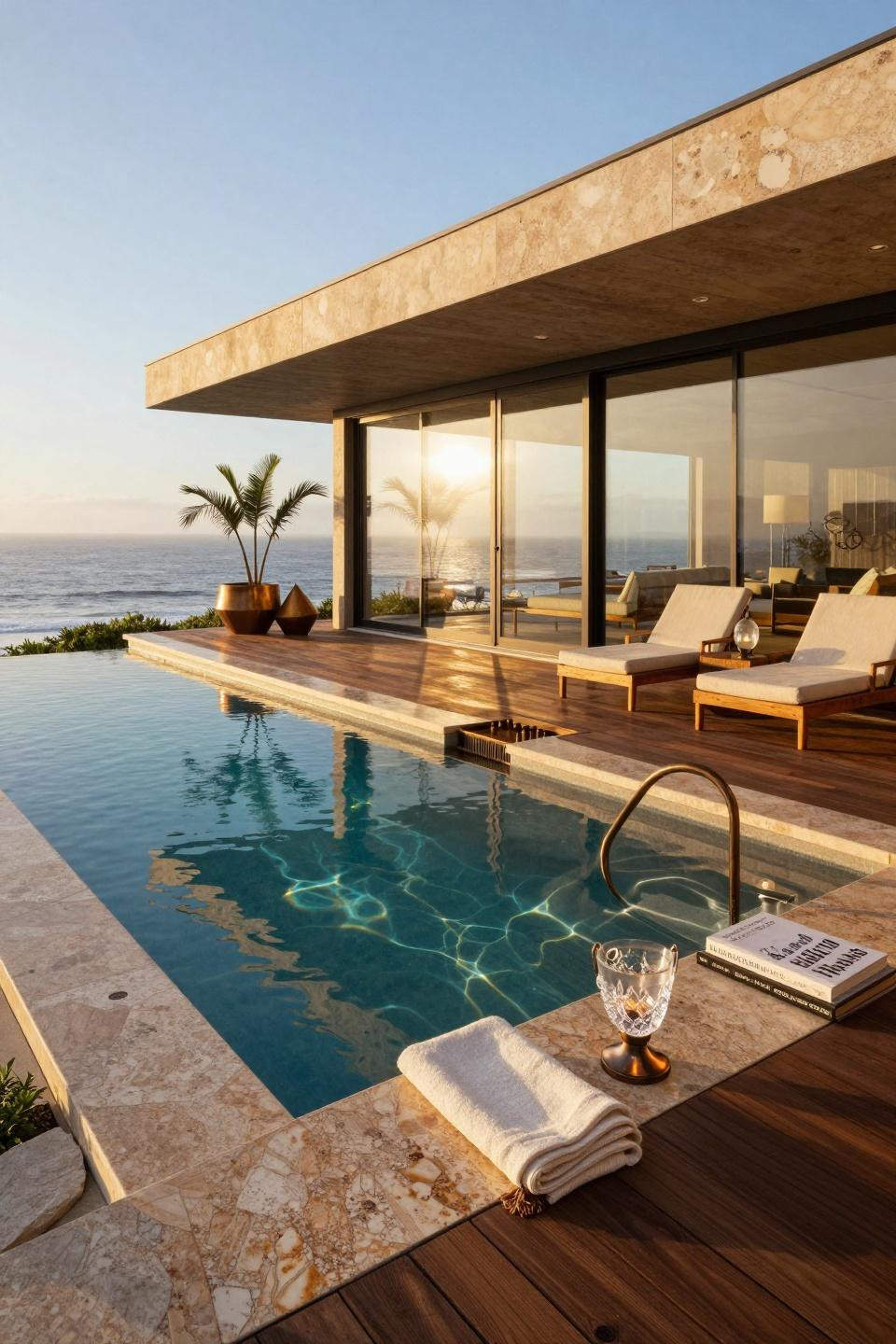 Semi inground pool ideas with architectural bronze spillway and travertine deck