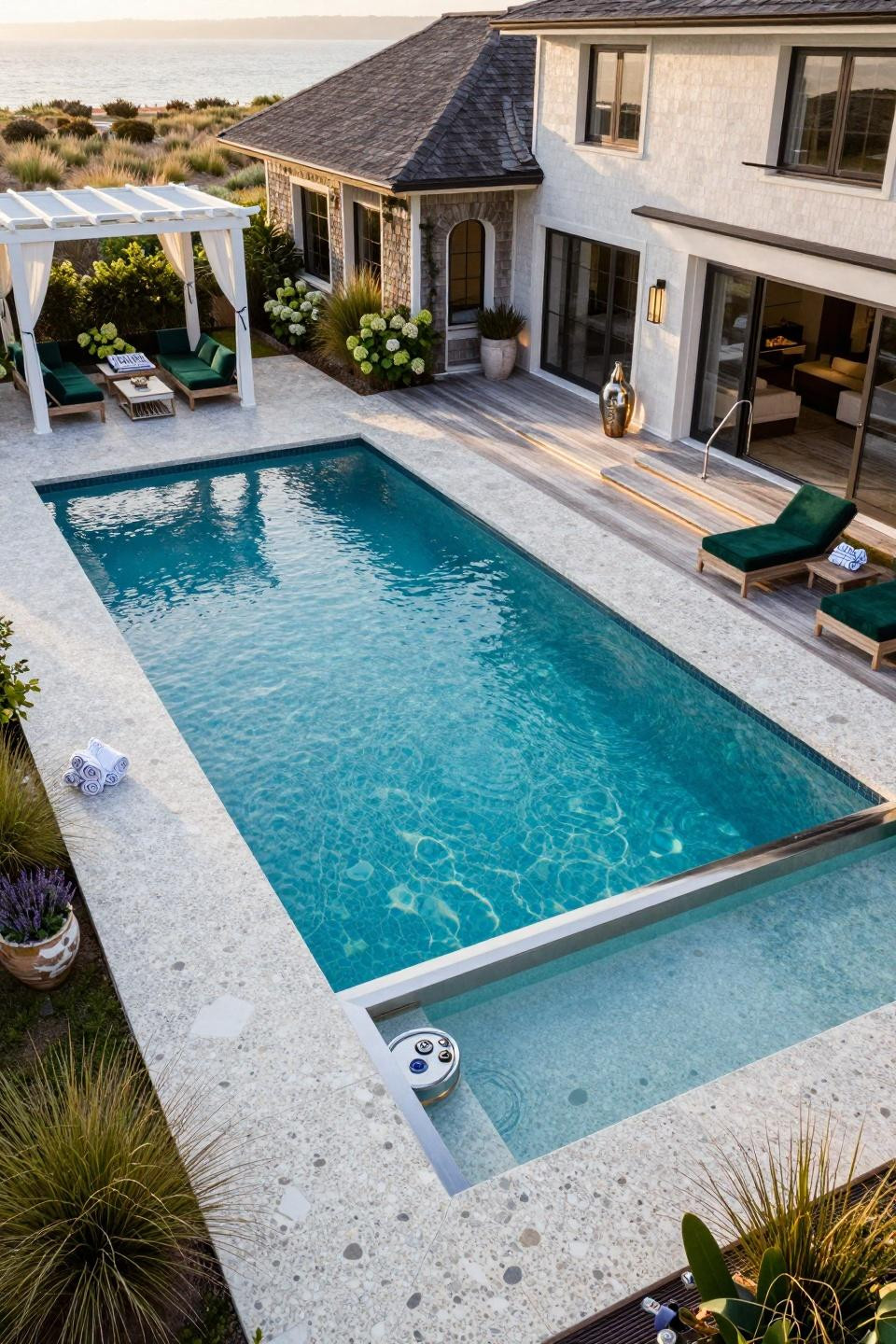 Semi inground pool ideas with custom terrazzo deck and integrated house connection