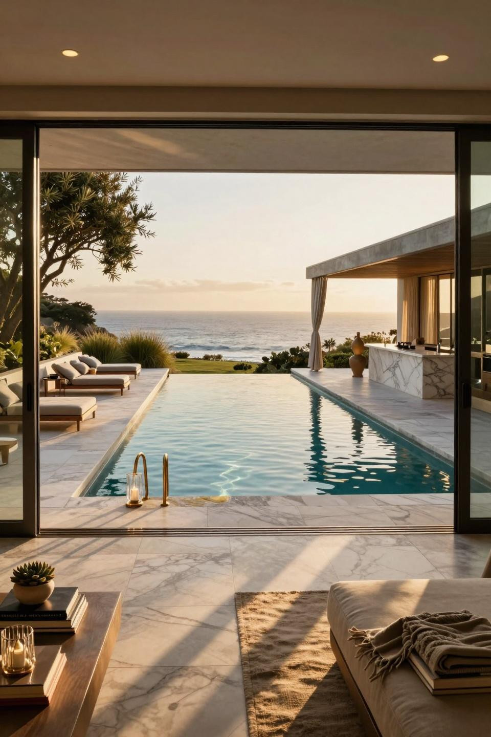 Semi inground pool ideas with book-matched Calacatta Gold marble and ocean views