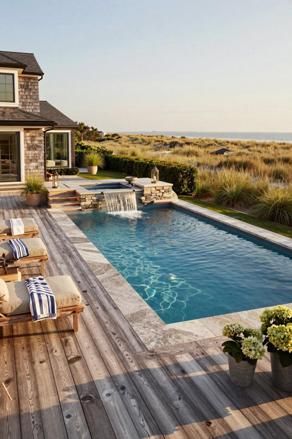 Semi inground pool ideas with natural limestone coping and cedar architecture