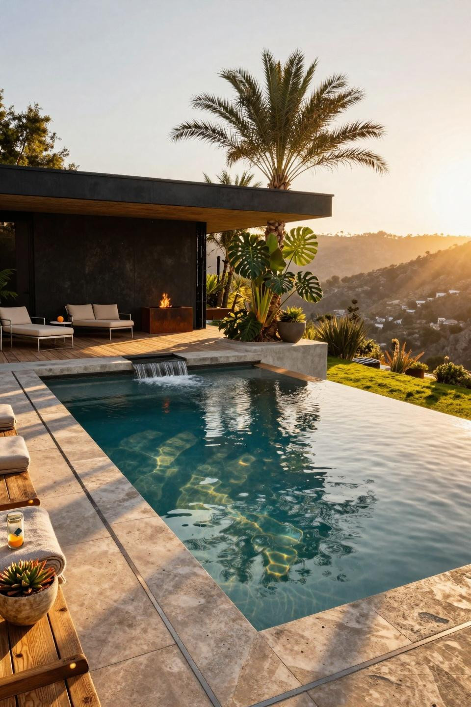 Semi inground pool ideas with Calacatta marble coping and infinity edge