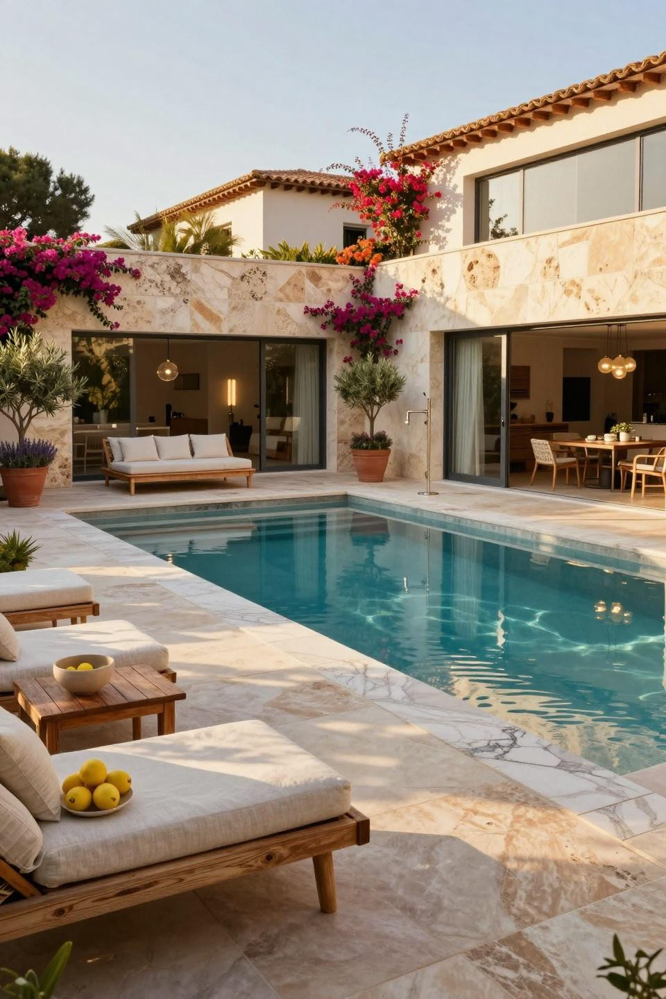 Rectangle plunge pool with book-matched Thassos marble tile