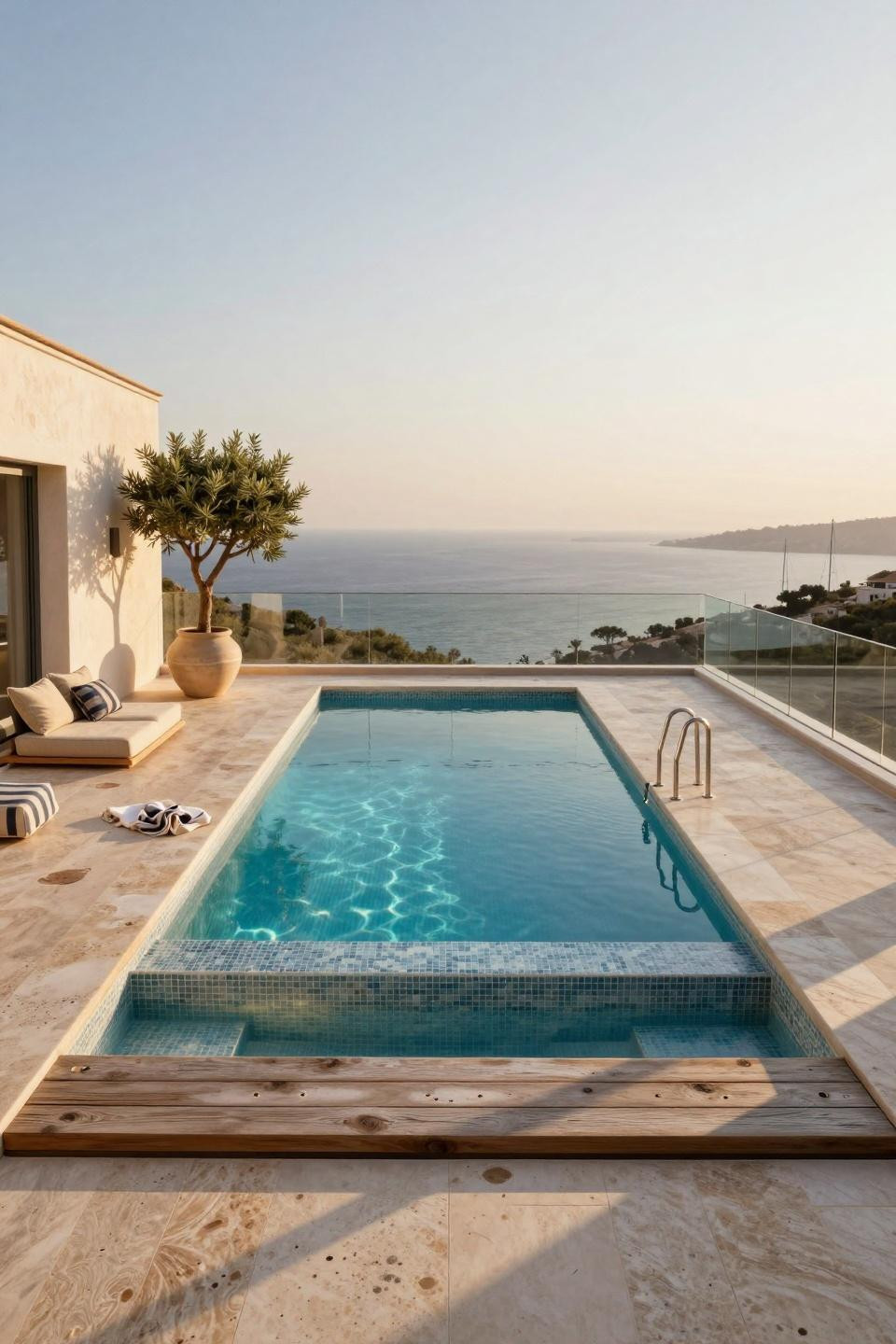 Rectangle pool with custom Bisazza mosaic and 200-year-old reclaimed teak