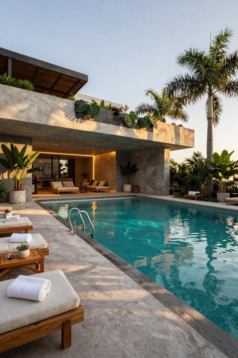 Rectangle pool with raised concrete deck and tropical modern landscaping