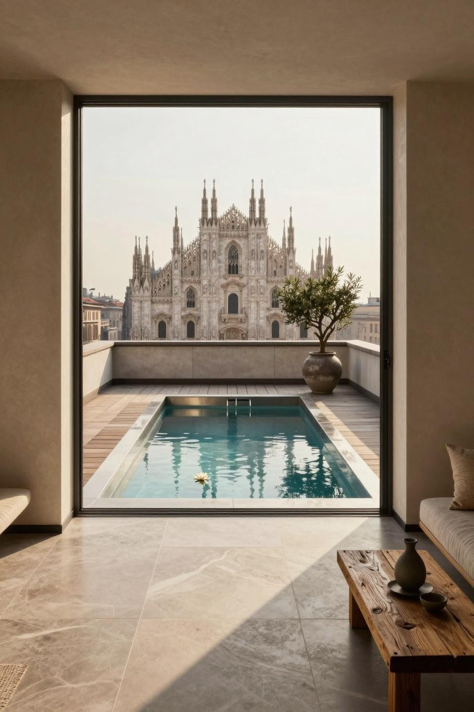 Rectangle pool on Milano rooftop with platinum fixtures and Duomo views