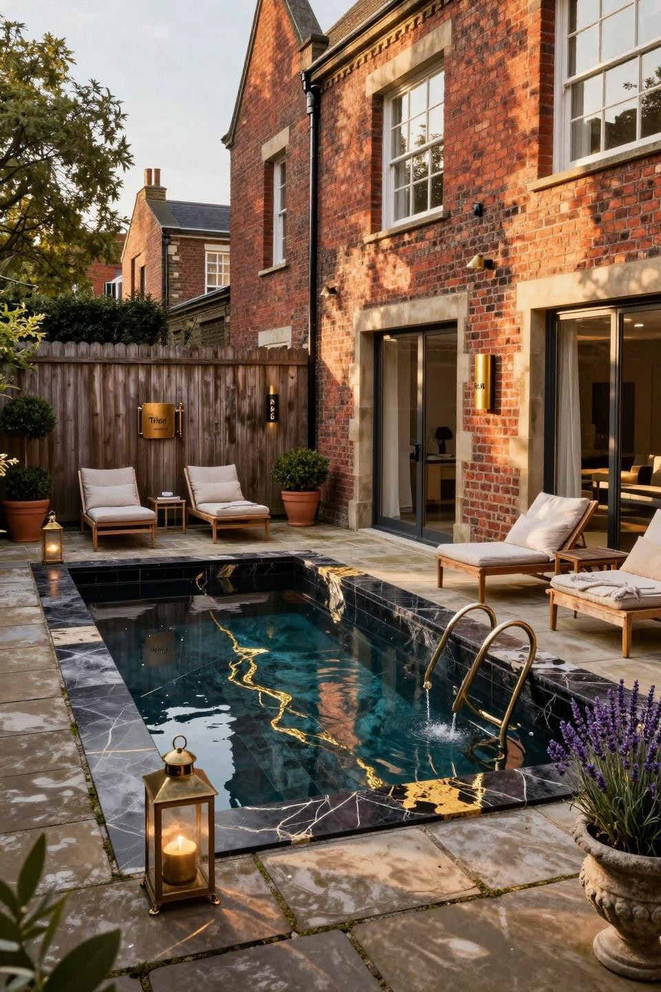 Rectangle pool with book-matched onyx and gold mosaic detailing