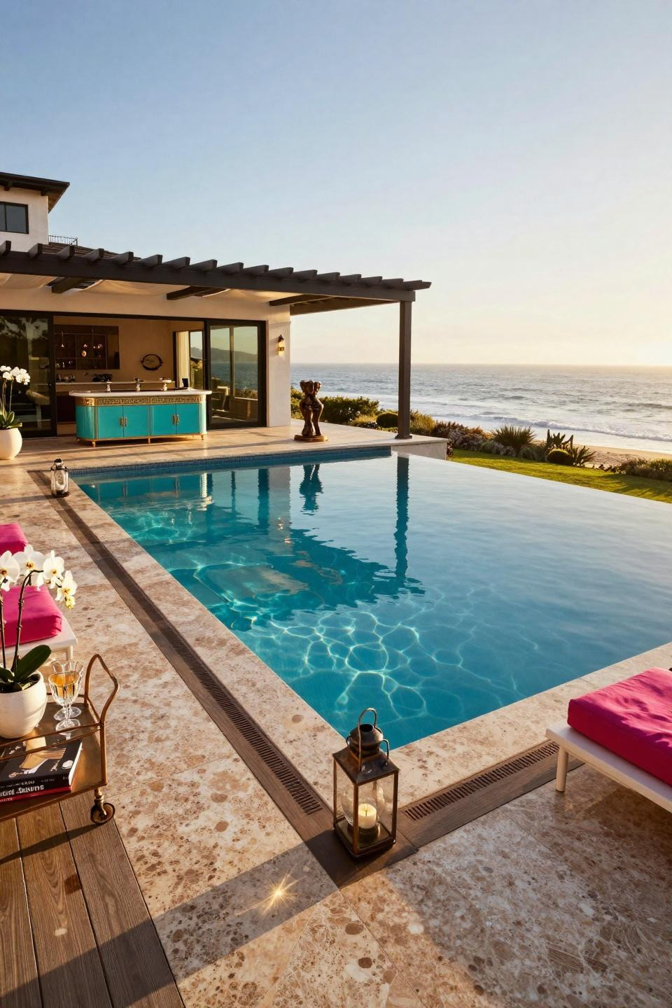 Rectangle pool with infinity edge and Hollywood Regency furniture