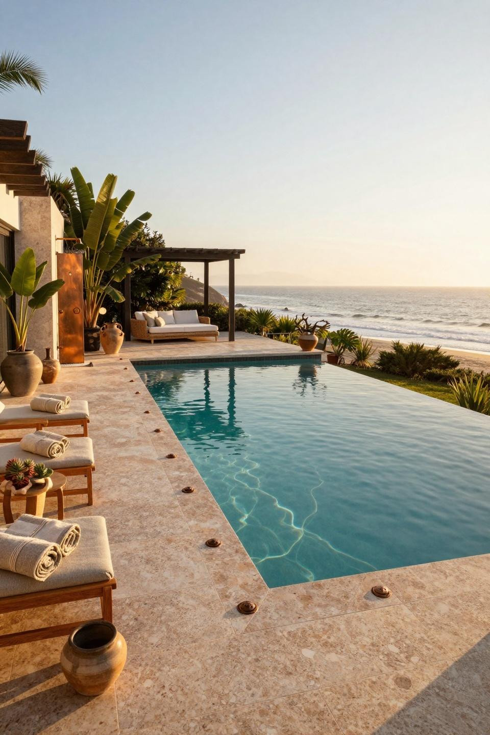 Rectangle pool with infinity edge and Pacific Ocean views