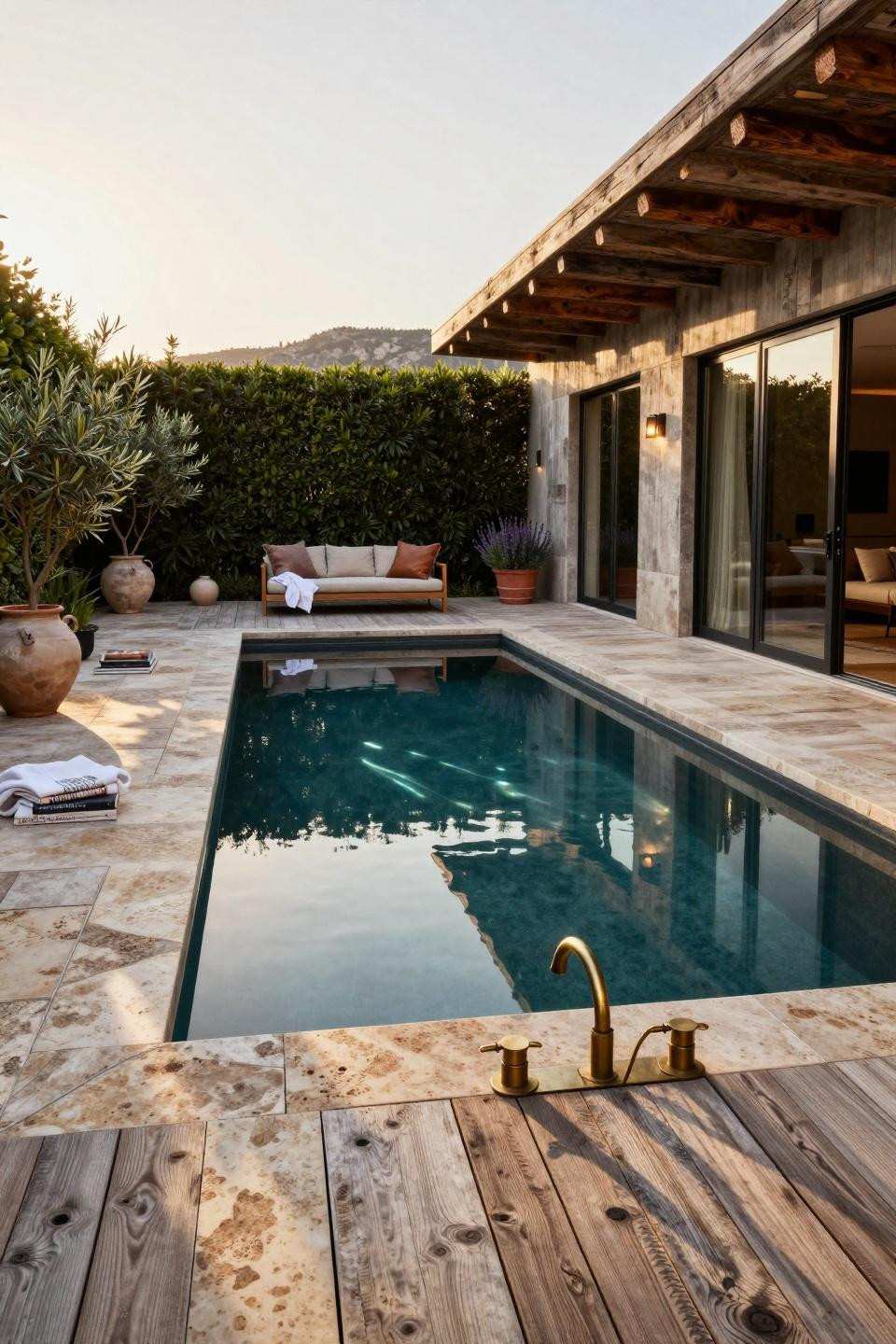 Rectangle pool with aged French limestone and reclaimed barn wood