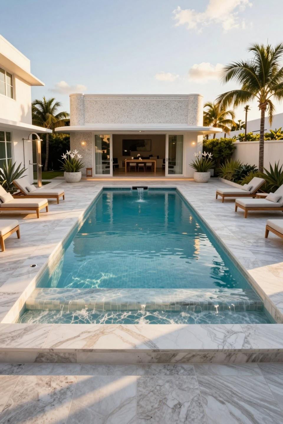 Rectangle pool with raised porcelain edges and brushed platinum details