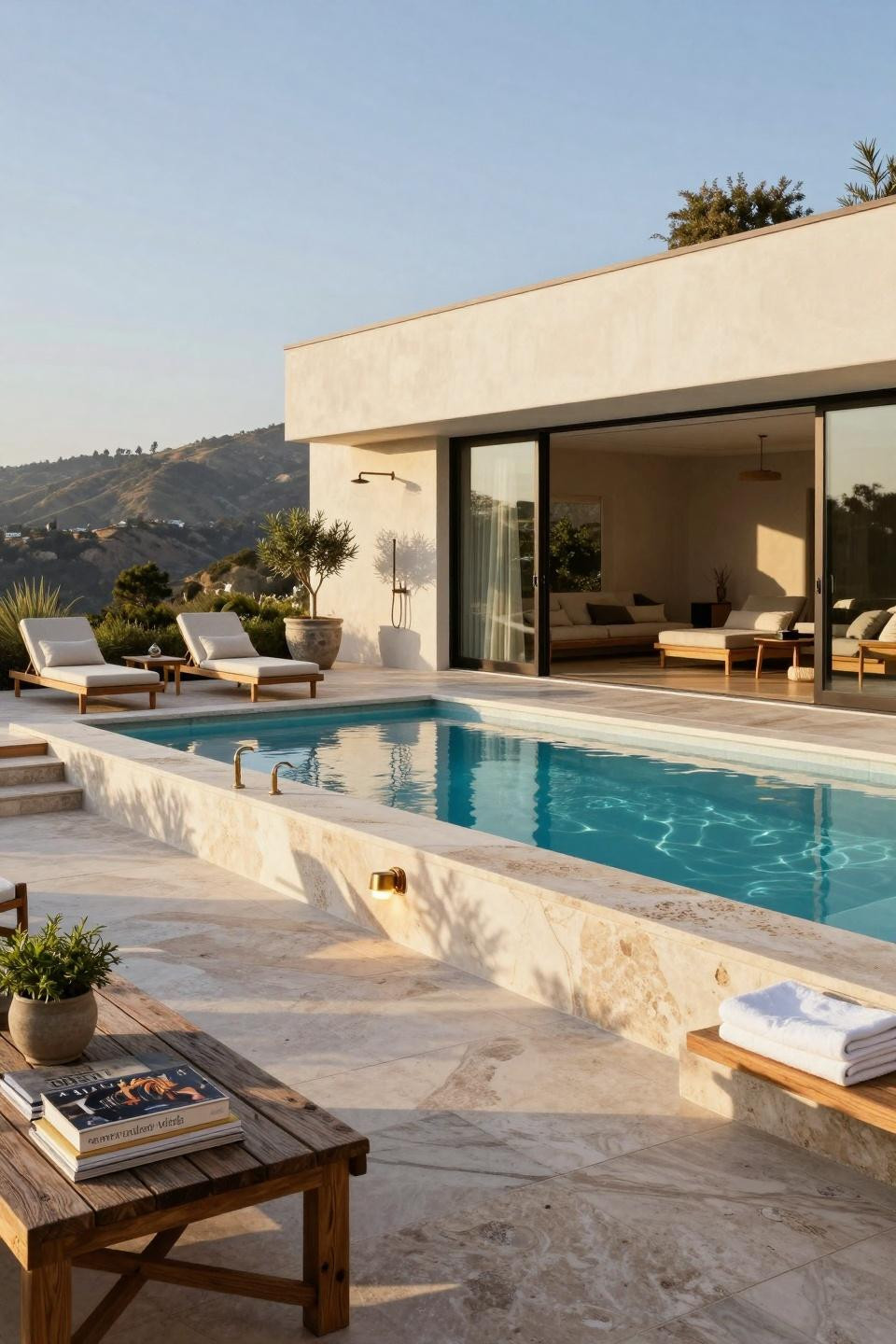 Rectangle pool with Jerusalem limestone coping and elevated deck