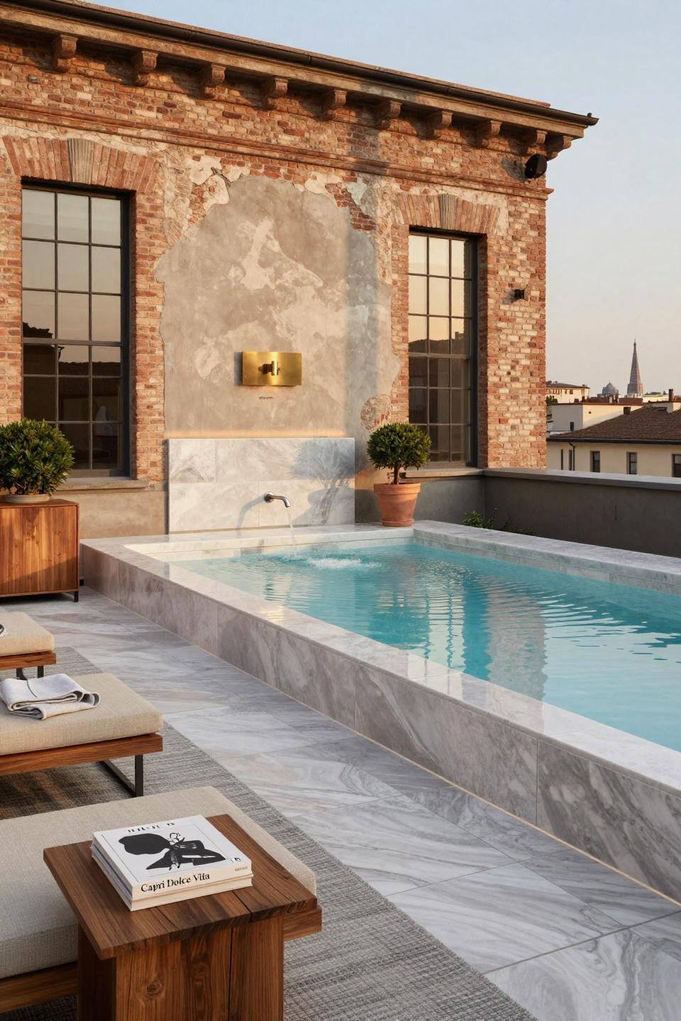 Rectangle pool on industrial rooftop with Dornbracht fixtures