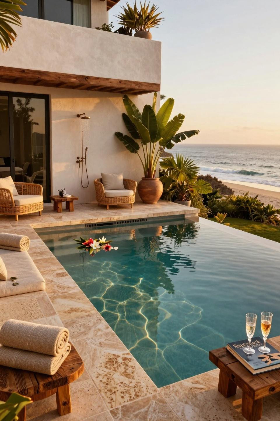 Compact luxury plunge pool with custom teak bench seating