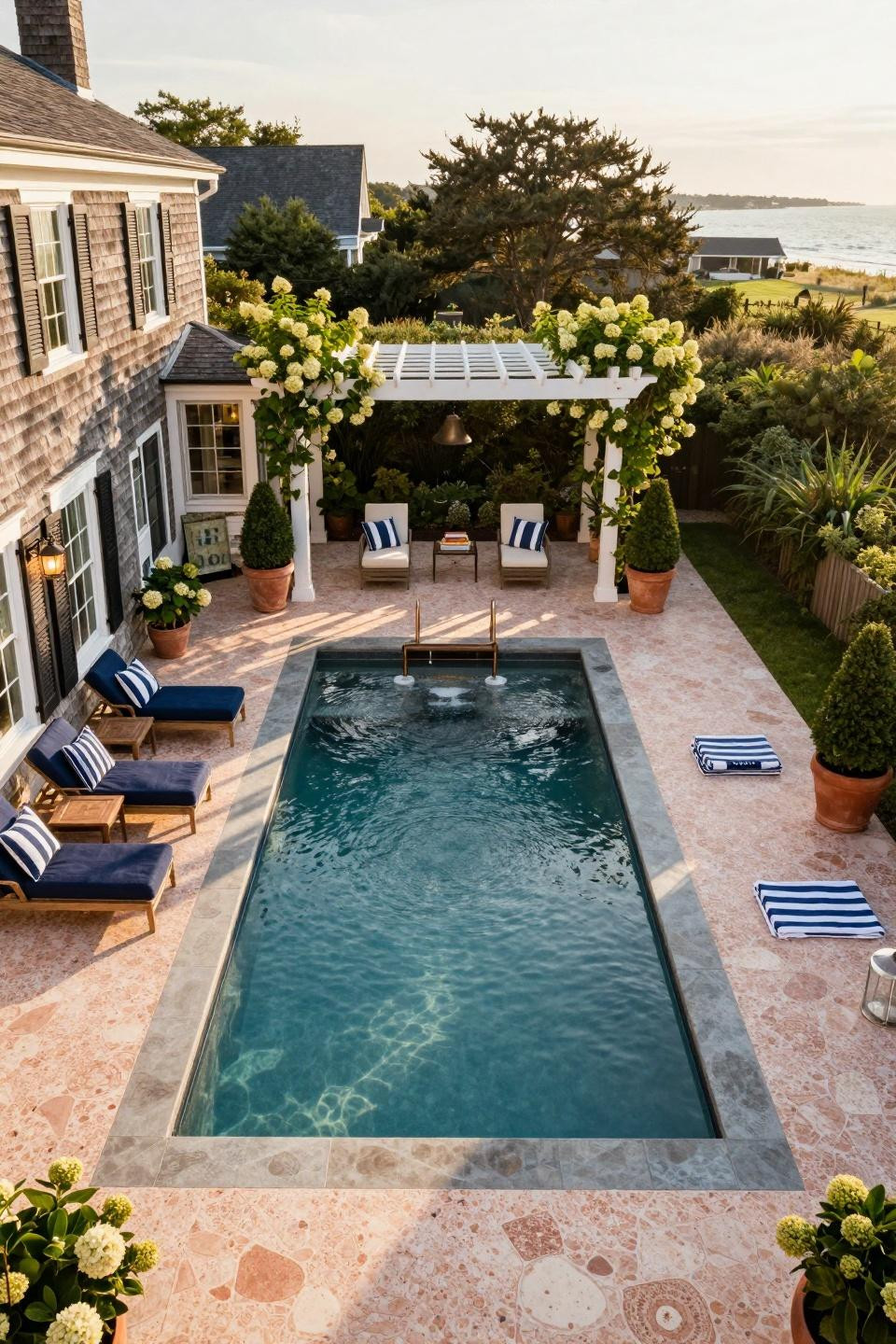 Raised pools with natural bluestone coping and custom-milled pergola