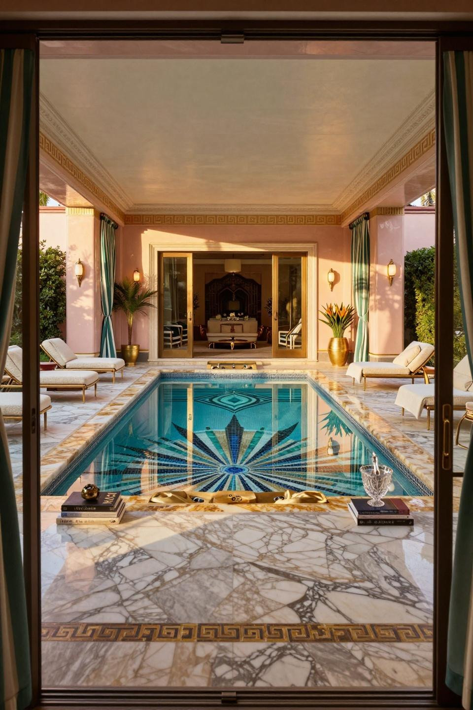 Small swimming pool ideas with geometric mosaic and brass Greek key trim
