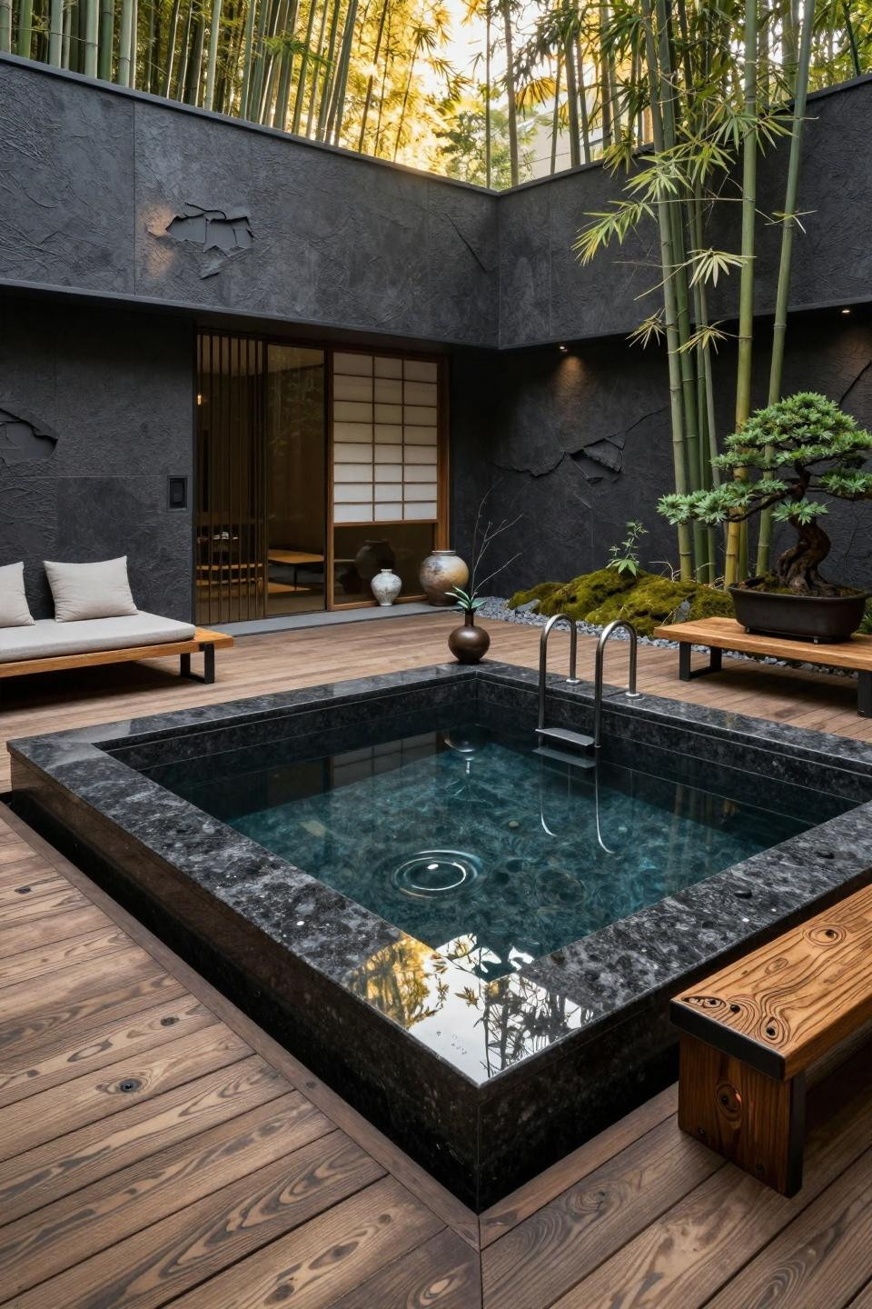 Small outdoor pool ideas with Jet Mist granite and wrought iron