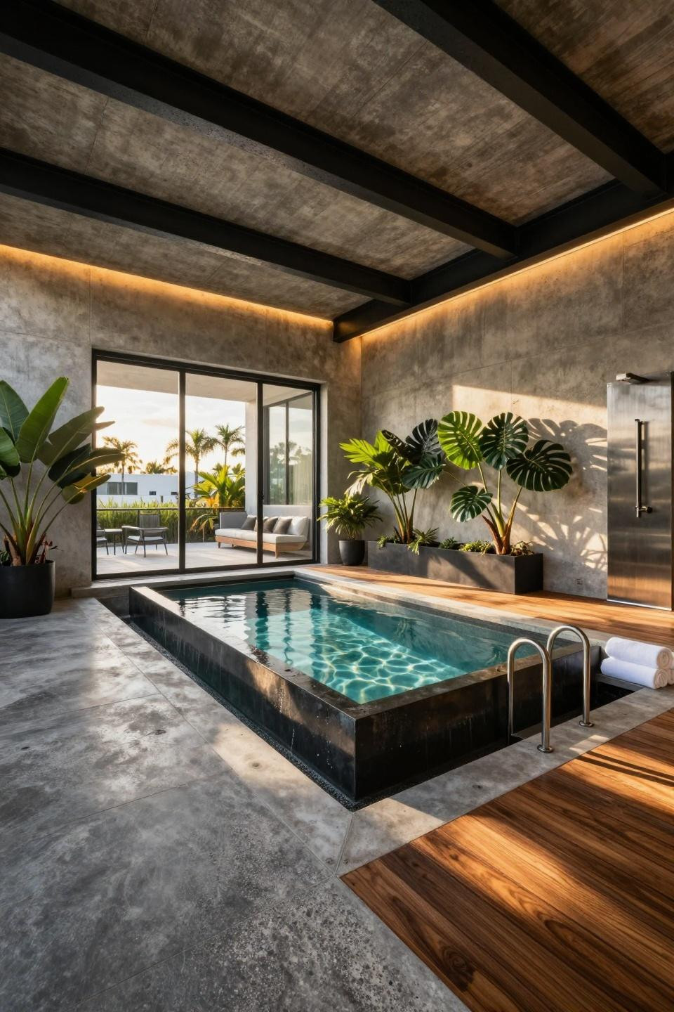 Mini pool ideas in industrial loft with blackened steel coping