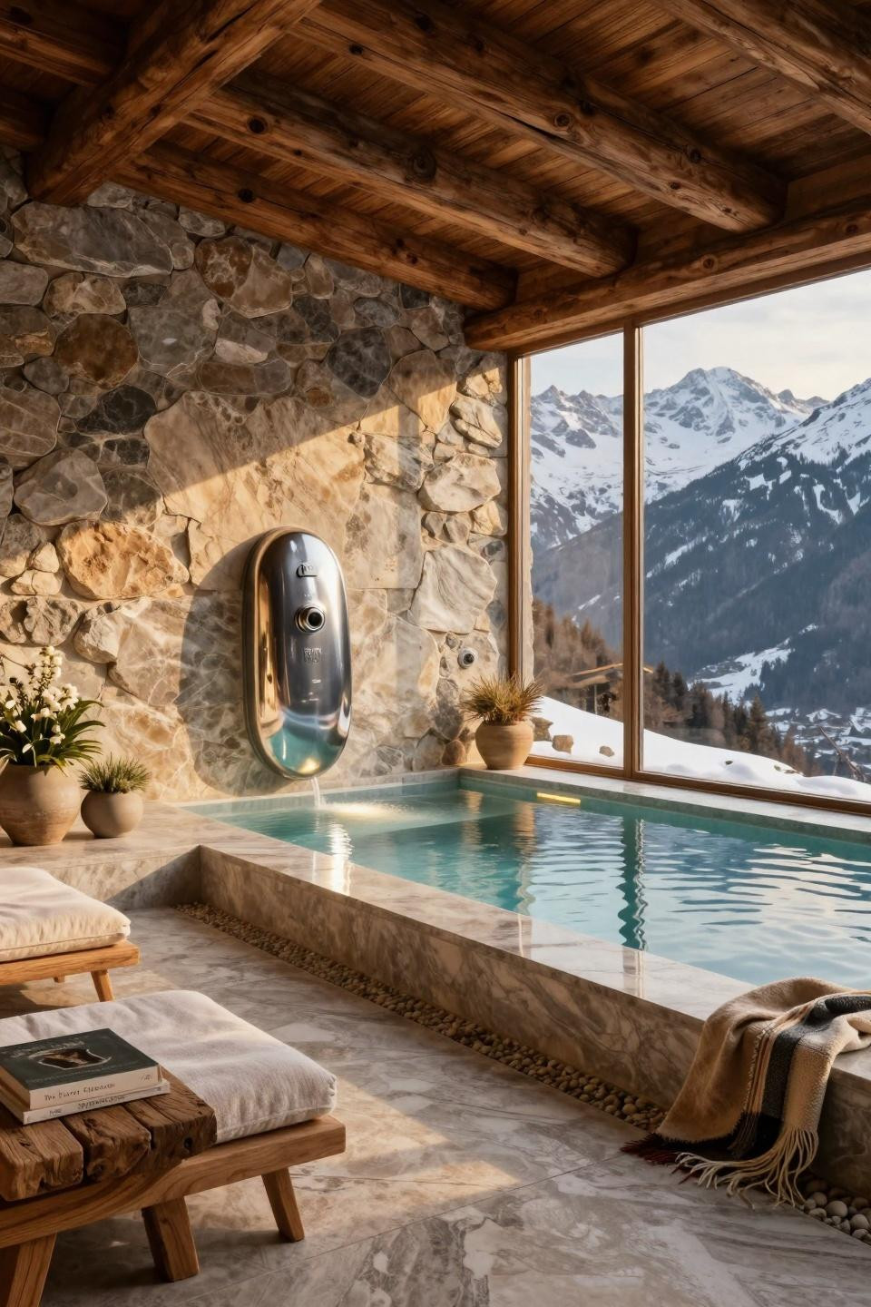 Small pools for small yards featuring travertine and 200-year-old Douglas fir