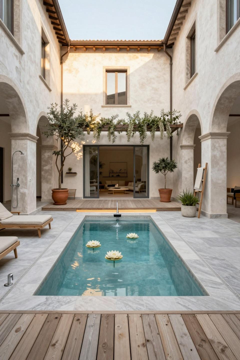 Small backyard pools with platinum porcelain and 18th-century palazzo walls