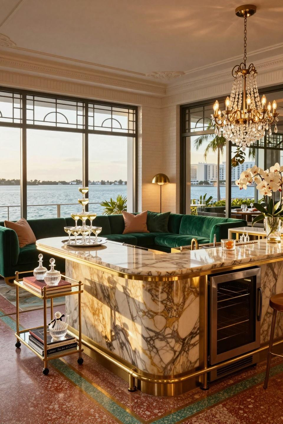 Housewarming party favors styled on Calacatta Gold marble bar in Miami South Beach Art Deco penthouse
