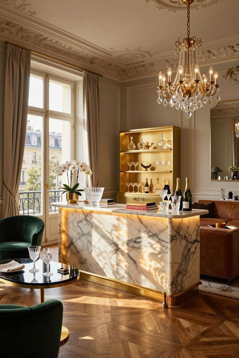 Housewarming party favors display on backlit onyx bar in Parisian Haussmann 6th arrondissement apartment