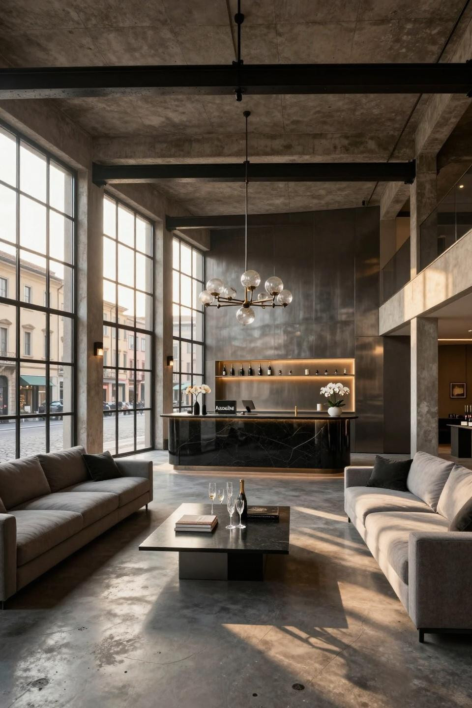 Housewarming party favors presentation on blackened steel and granite champagne bar in Milan Centro Storico loft