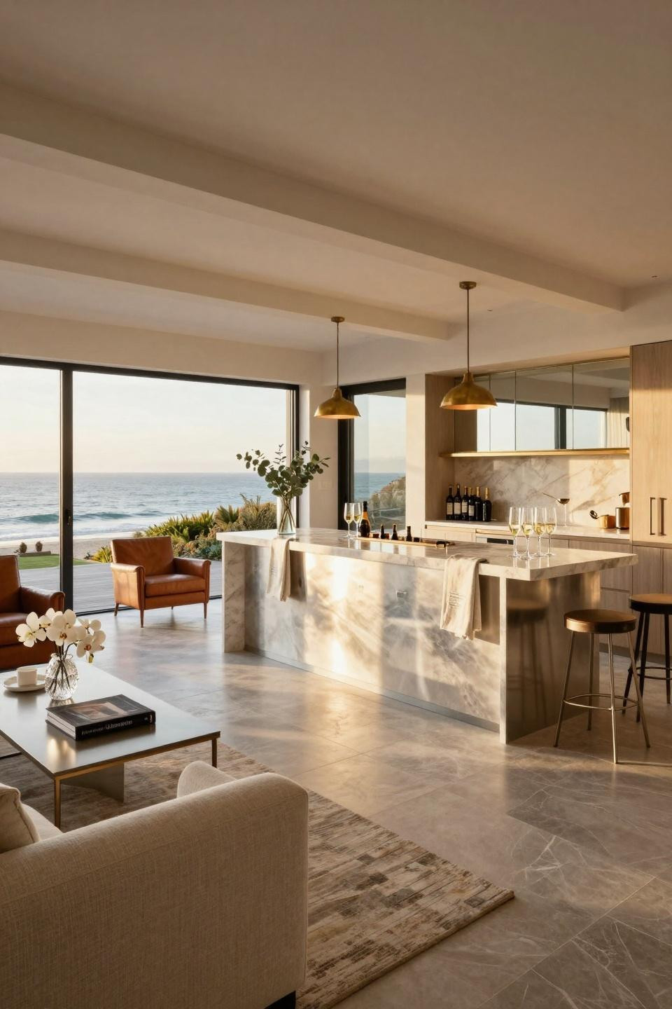 Housewarming party favors presentation on large-format porcelain champagne bar in Malibu beach house