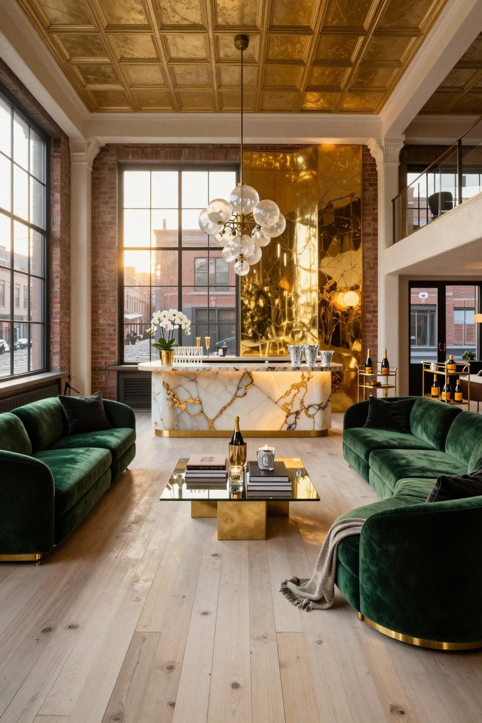 Housewarming party favors display on backlit honey onyx bar in Tribeca loft warehouse conversion