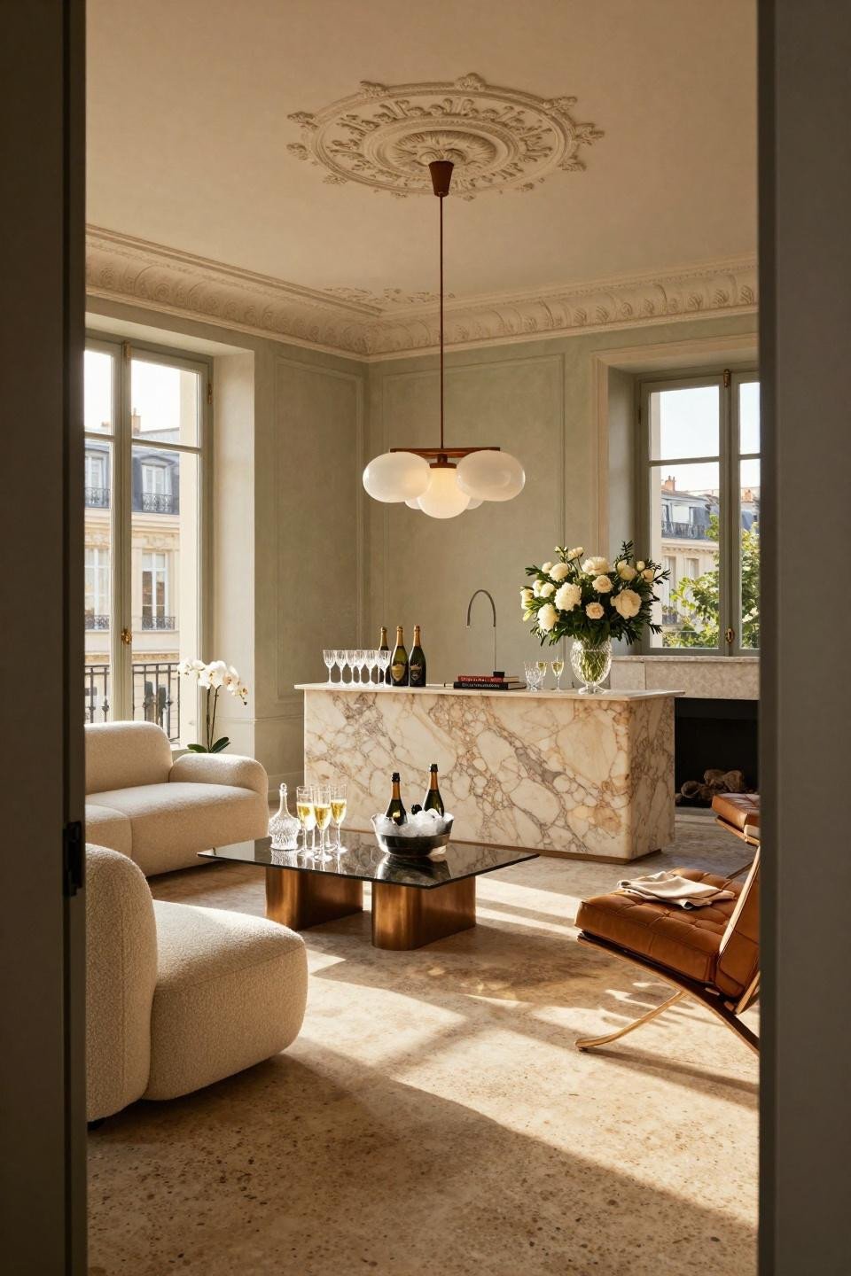 Housewarming party favors styled on travertine waterfall console in Parisian Haussmann apartment