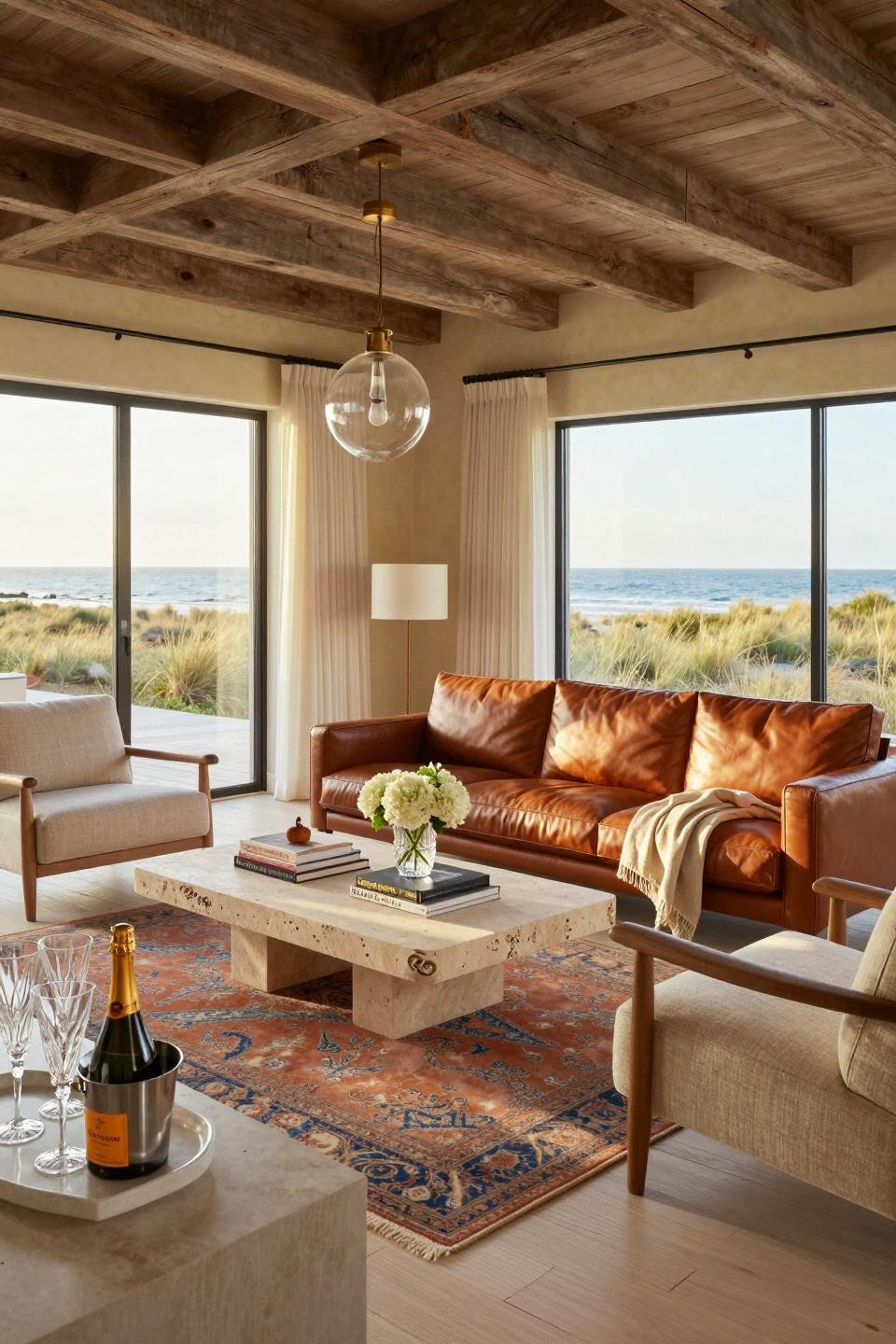 Housewarming party favors display with Christian Liaigre saddle leather sofa in Hamptons beach house