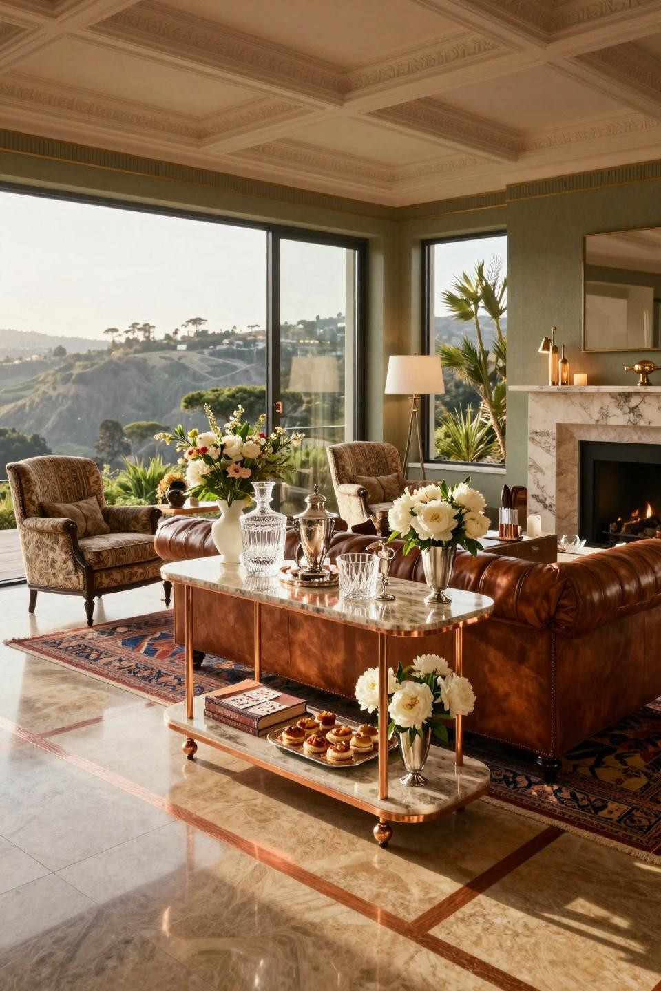 Housewarming party favors presentation on quartzite and copper bar cart in Beverly Hills estate