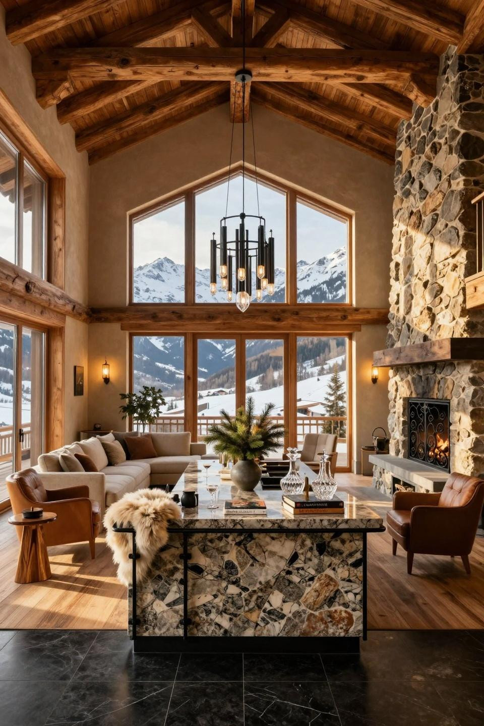 Housewarming party favors presentation on book-matched granite bar in Verbier alpine chalet