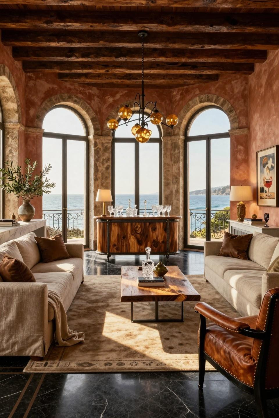 Housewarming party favors styled in Milanese beach house with reclaimed mahogany bar cart