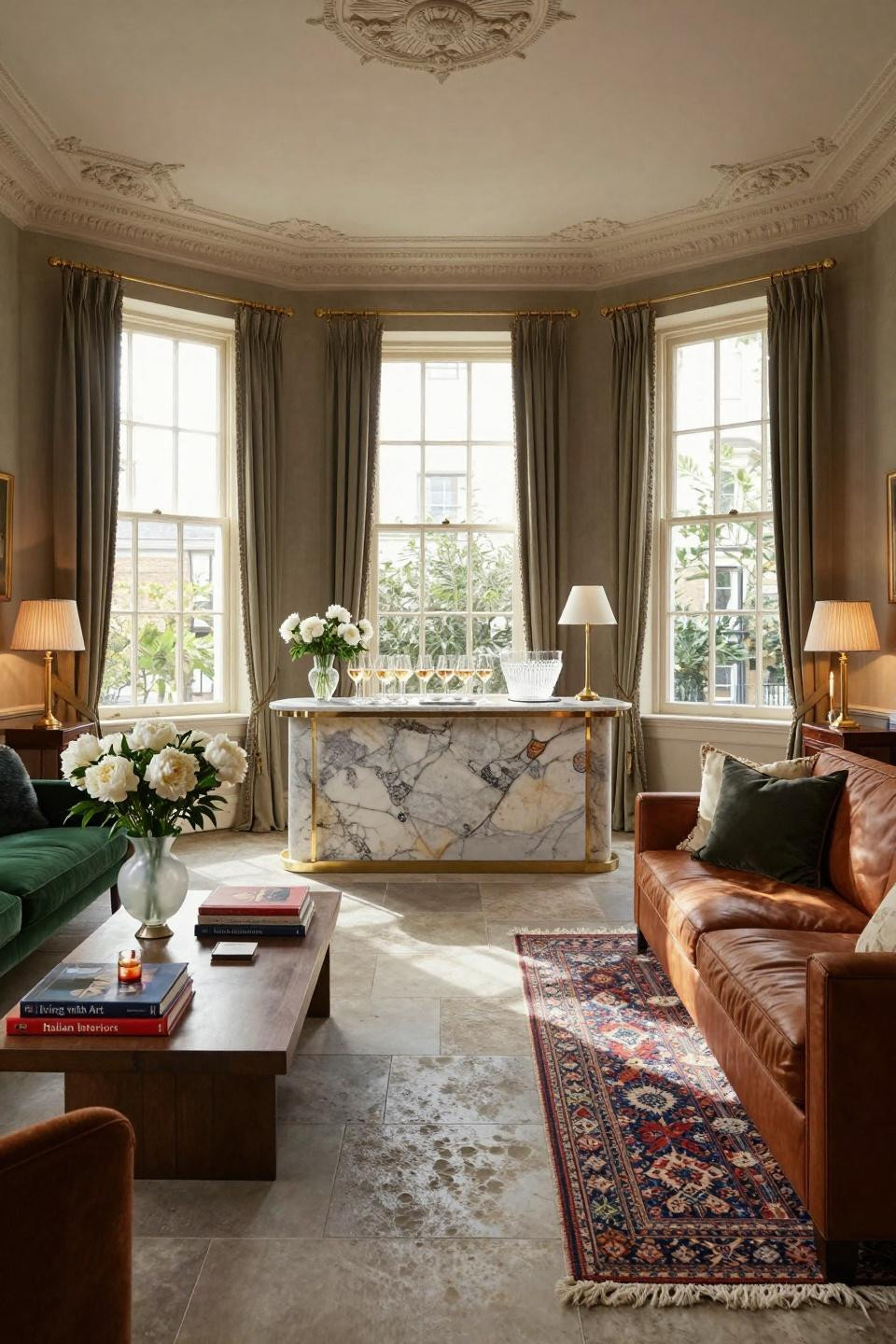 Housewarming theme ideas in London Kensington Georgian townhouse with limestone champagne bar