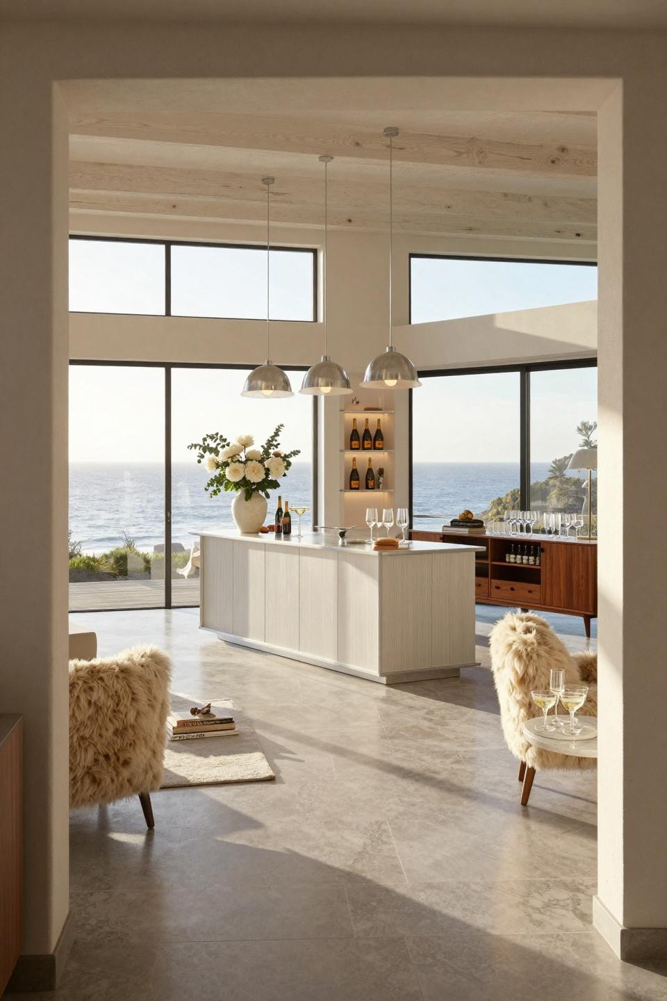 Housewarming party decorations featuring custom white oak champagne bar in Malibu beach house