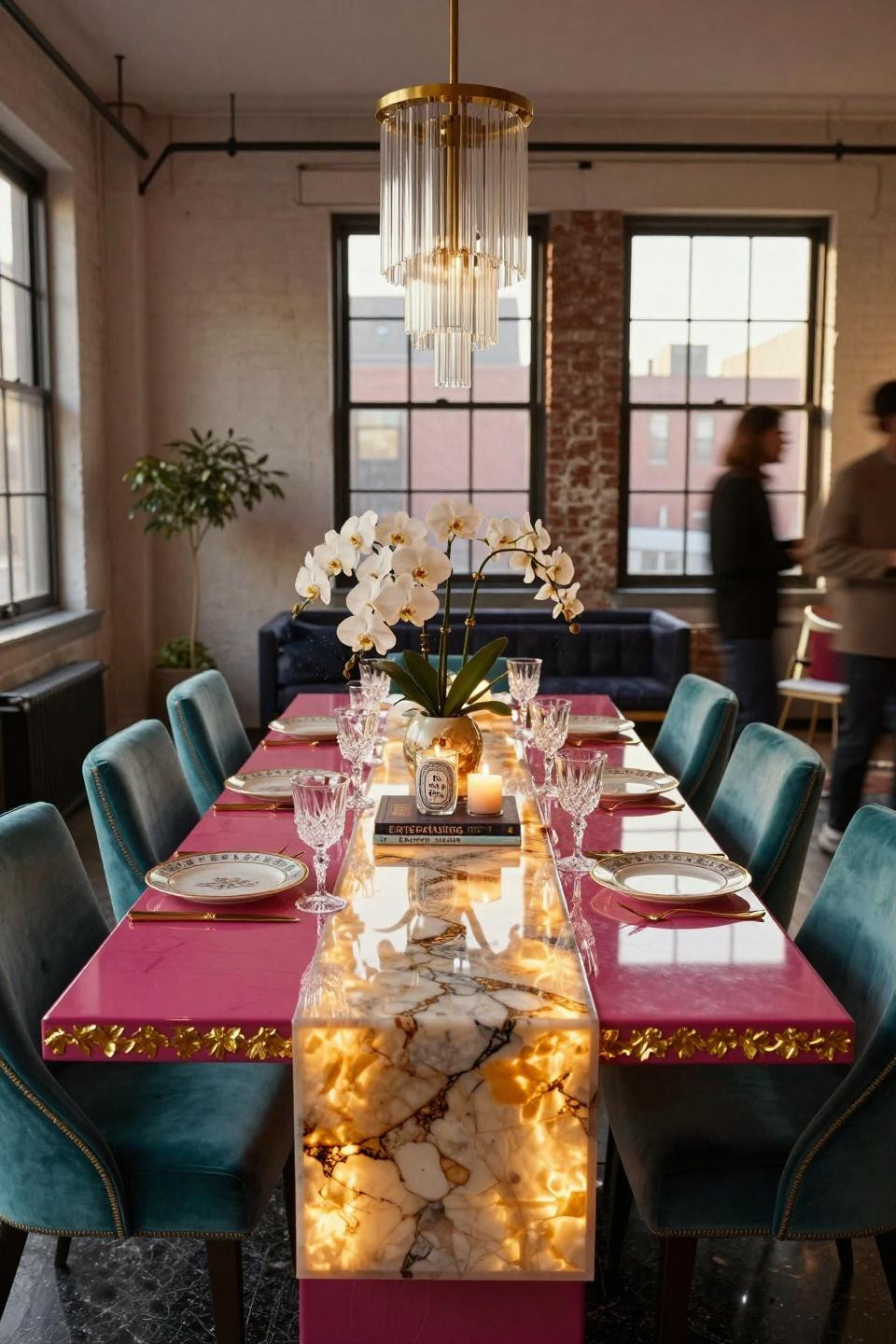 Housewarming food ideas styled on backlit onyx table runner in Tribeca loft