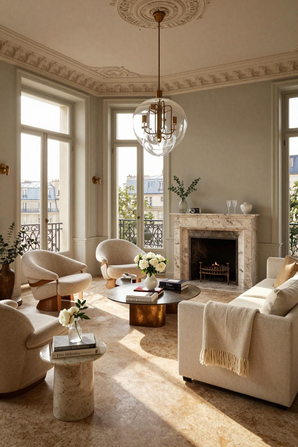Apartment warming party space in Parisian Haussmann penthouse with travertine fireplace