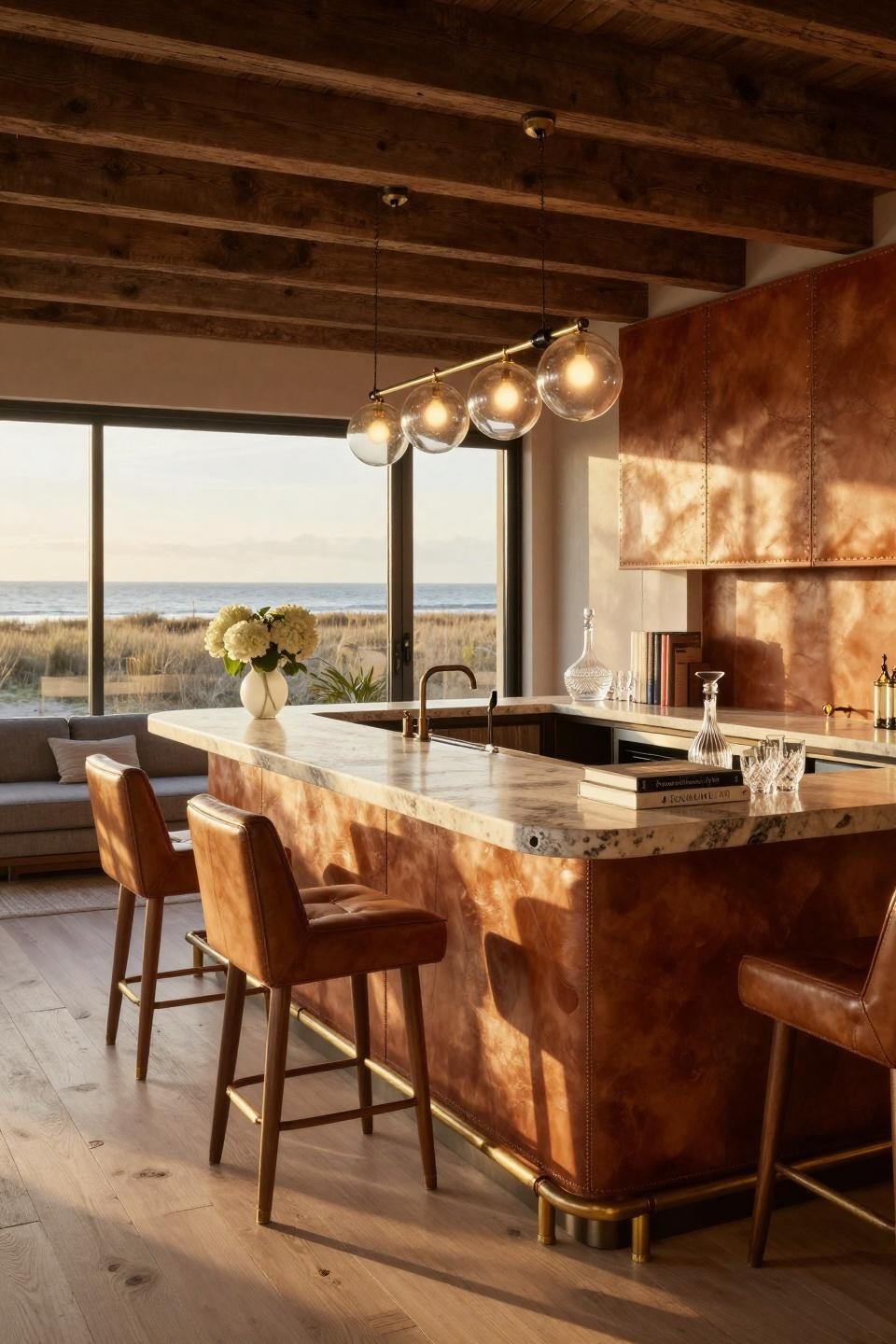 Housewarming aesthetic featuring custom leather bar in Hamptons beach house
