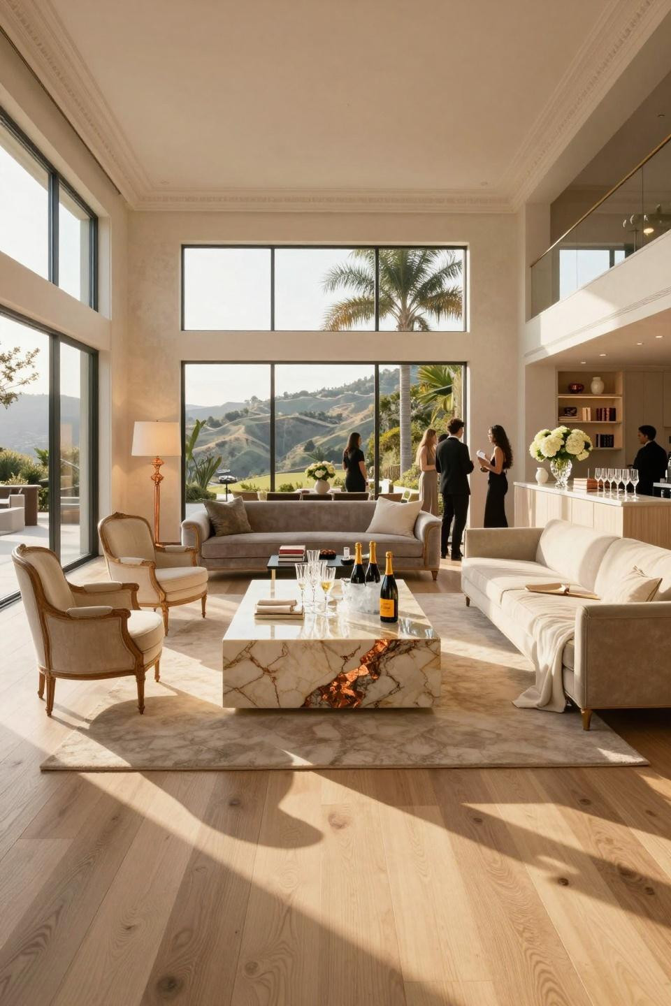 Homewarming gifts ideas styled on quartzite waterfall coffee table in Beverly Hills estate