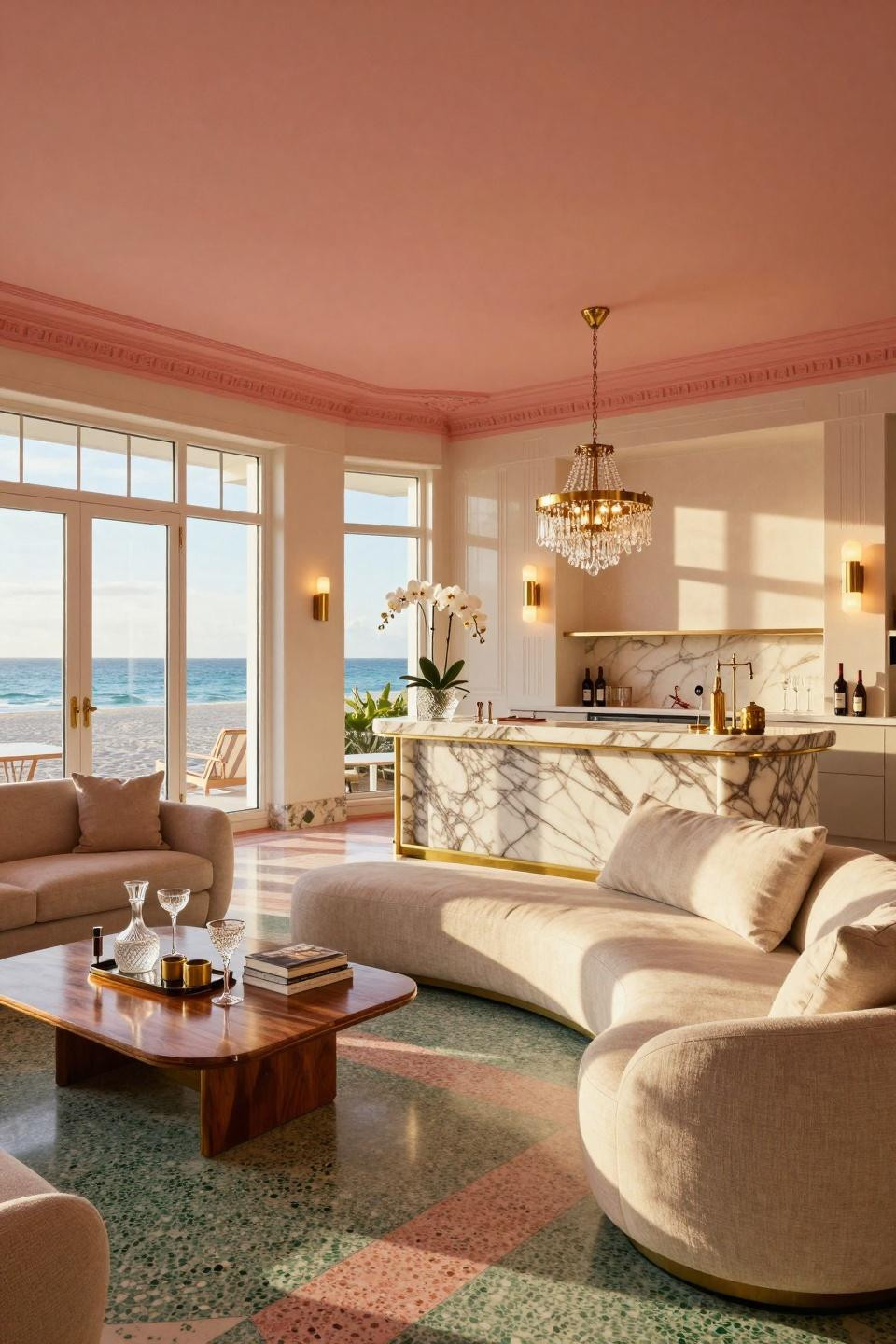 Housewarming party games setup in Miami Art Deco beach house with terrazzo floors