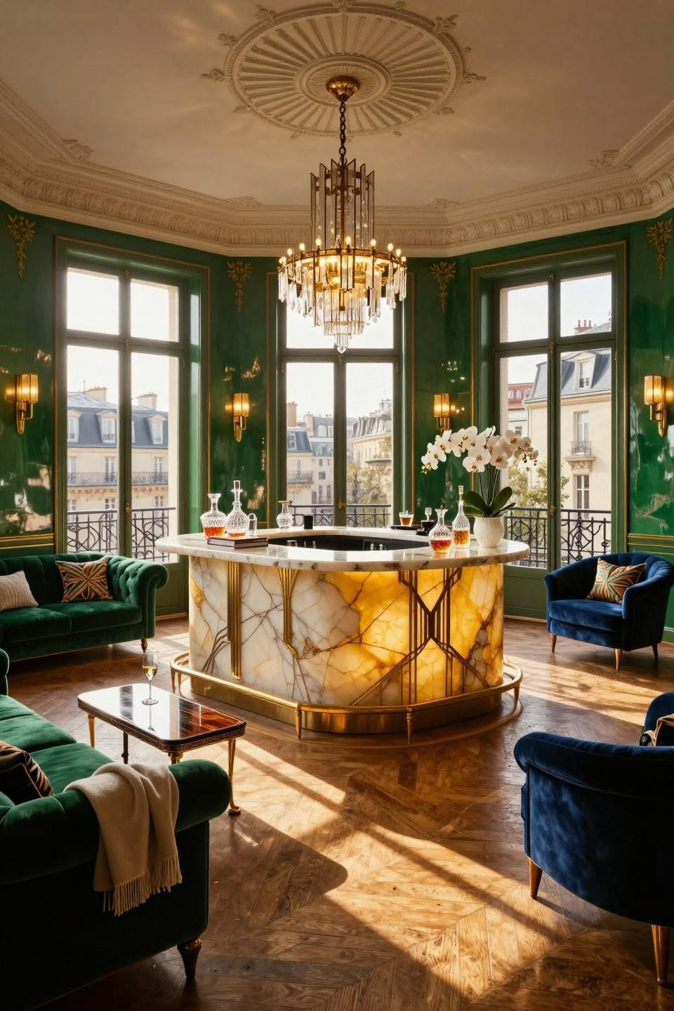 Hosting ideas with backlit honey onyx bar in Parisian Art Deco apartment