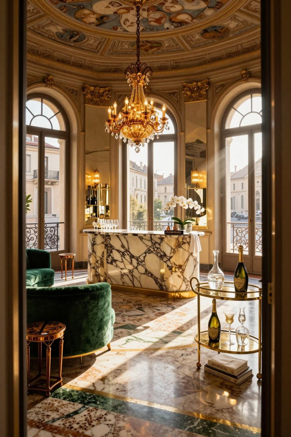 Housewarming party ideas featuring custom Calacatta Gold marble champagne bar in Milanese palazzo