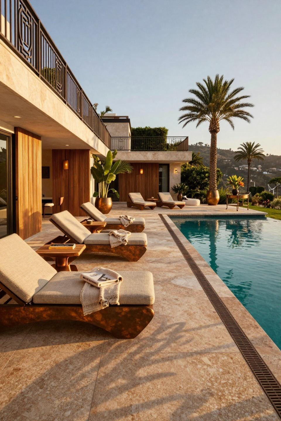 Outdoor pool decor with Art Deco patterns and sculptural loungers