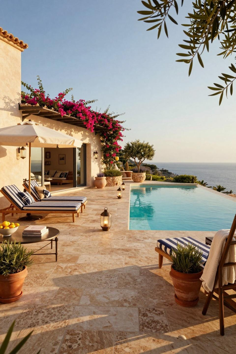 Outdoor pool decor with French Riviera design and Mediterranean landscaping