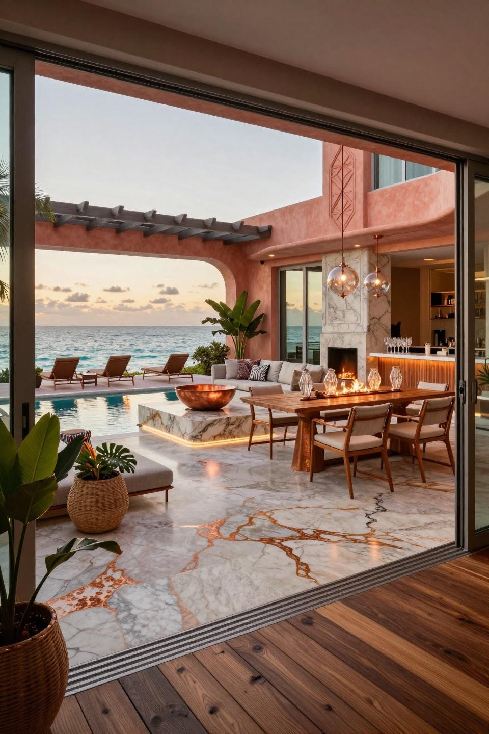 Outdoor pool decor with Art Deco architecture and copper accents