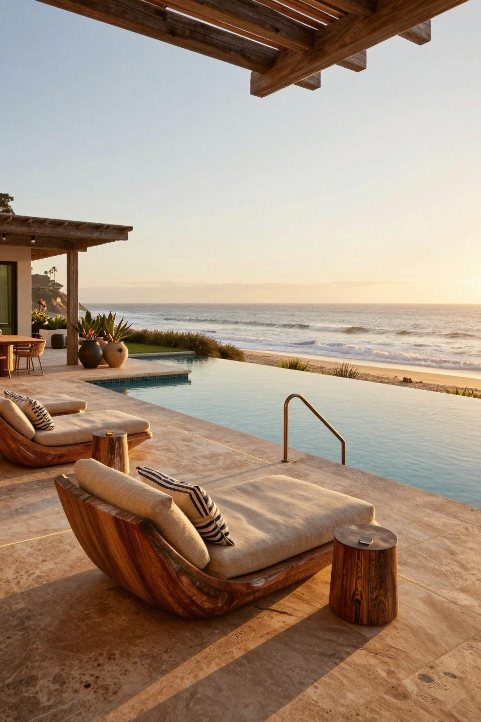 Outdoor pool decor with coastal chic design and organic furniture forms