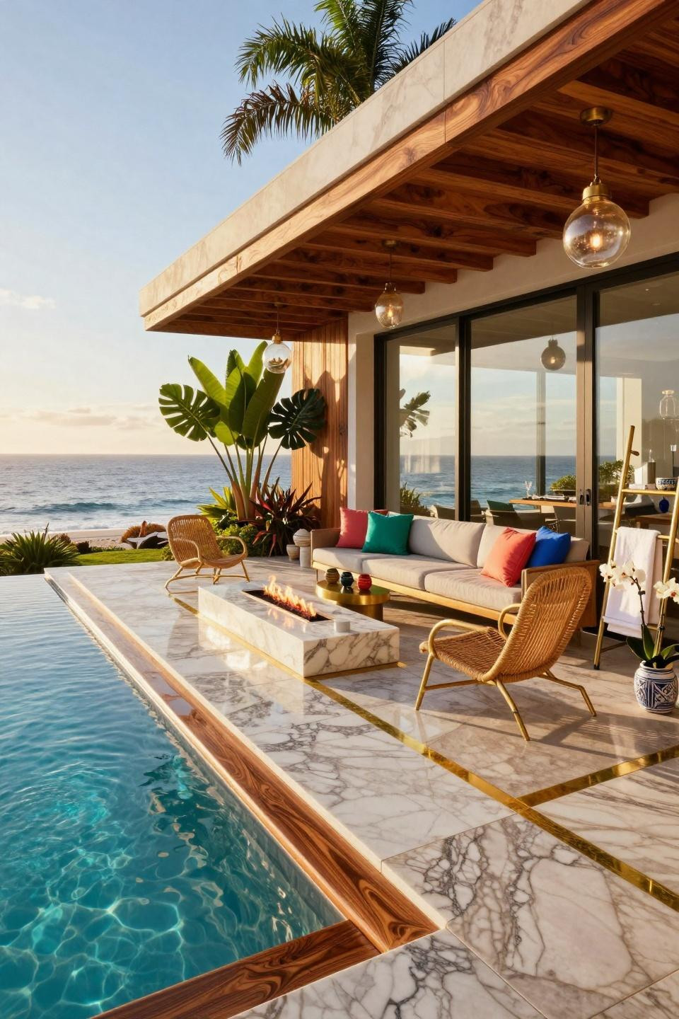Outdoor pool decor with Calacatta marble and contemporary maximalist design