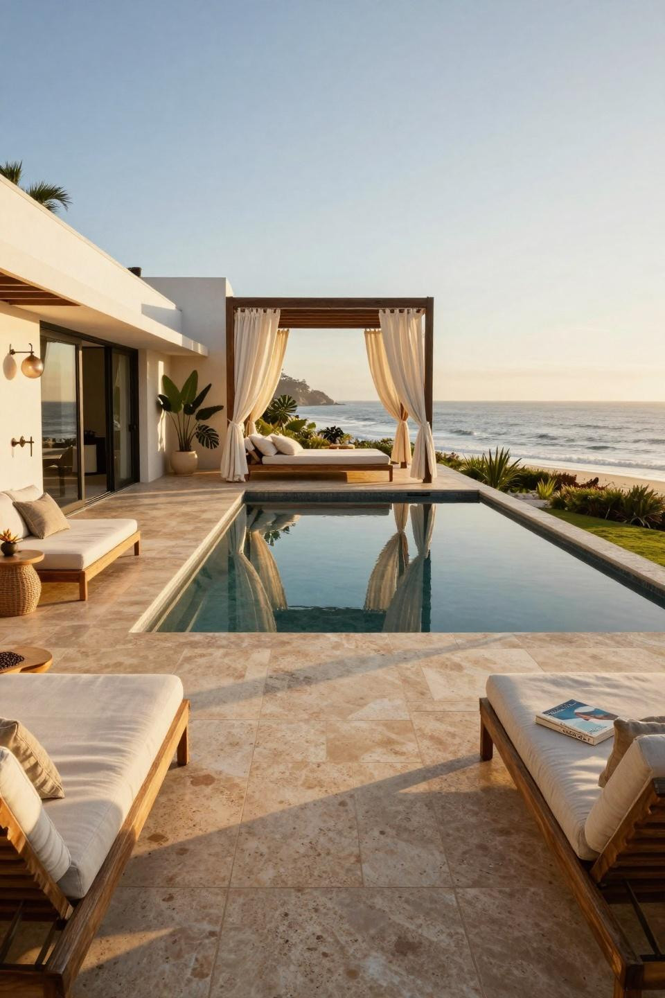 Outdoor pool decor featuring resort cabanas and travertine deck