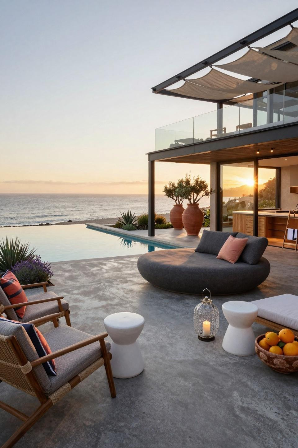 Outdoor pool decor with French Riviera design and sculptural loungers