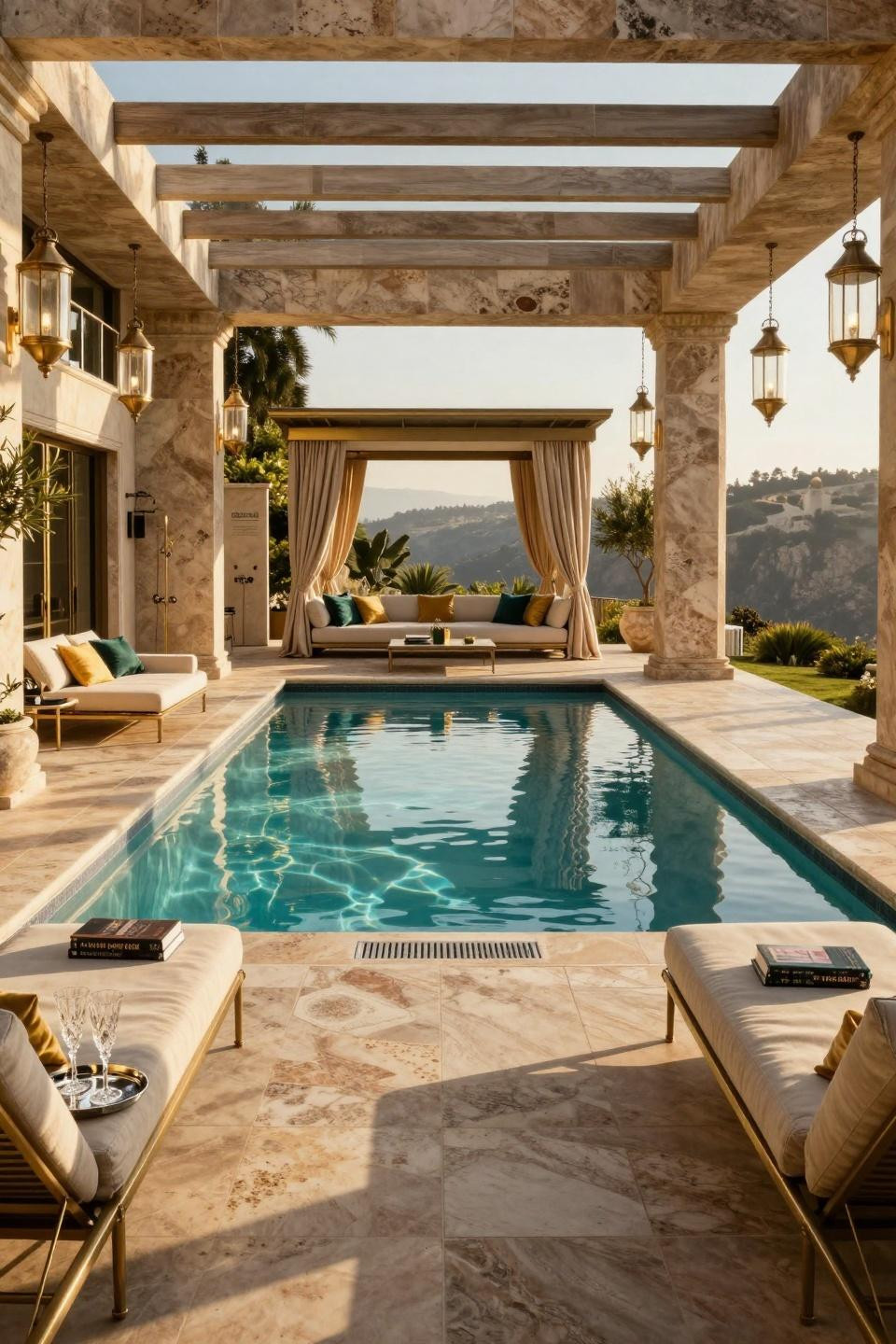 Pool area decorating ideas with Hollywood Regency style and limestone deck